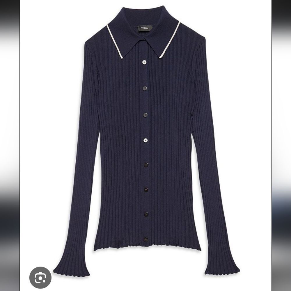 Theory Navy Ribbed Contrast Trim Button-Up Cardigan Sweater Deep Navy S Small